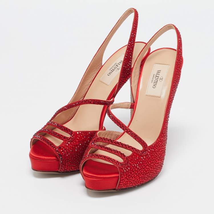 Pre Owned Valentino Red Suede Crystal Embellished Slingback Platform Sandals Size 37.5