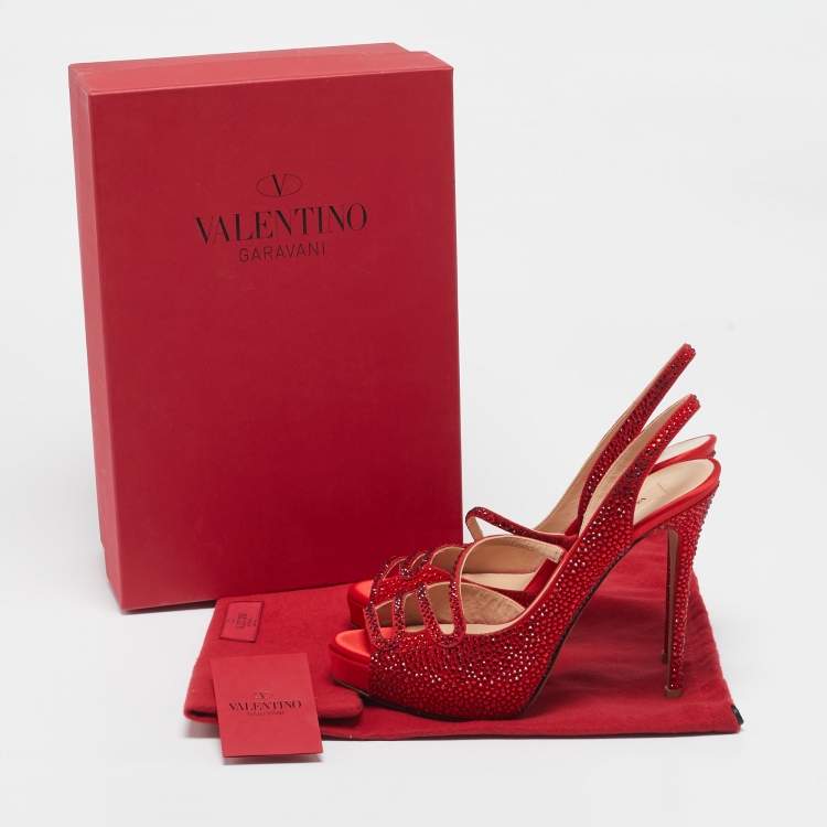 Pre Owned Valentino Red Suede Crystal Embellished Slingback Platform Sandals Size 37.5