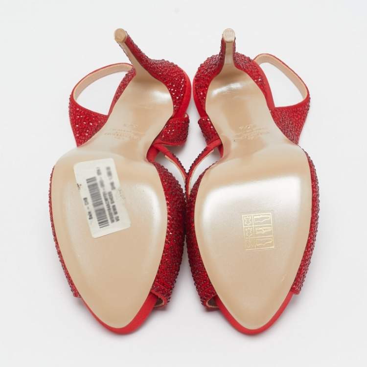 Pre Owned Valentino Red Suede Crystal Embellished Slingback Platform Sandals Size 37.5