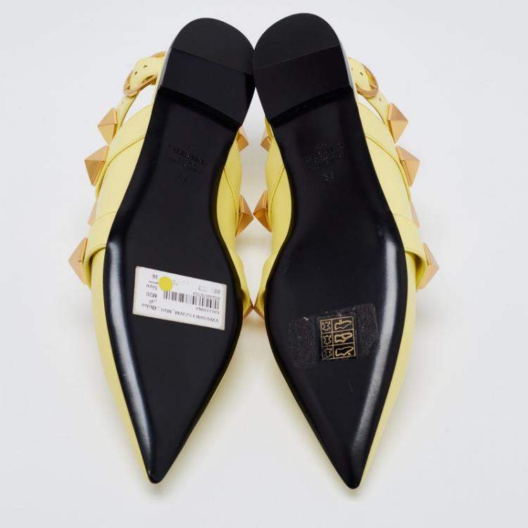 Pre Owned Valentino Lime Yellow Roman Stud Ankle Cuff Flats Size 38