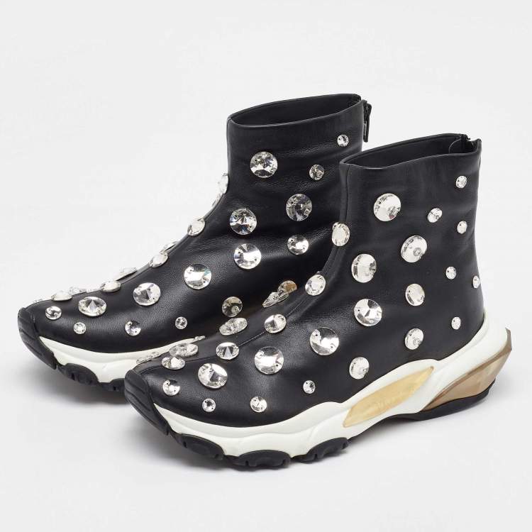 Pre Owned Valentino Black Leather Crystal Embellished High Top Sneakers Size 38.5