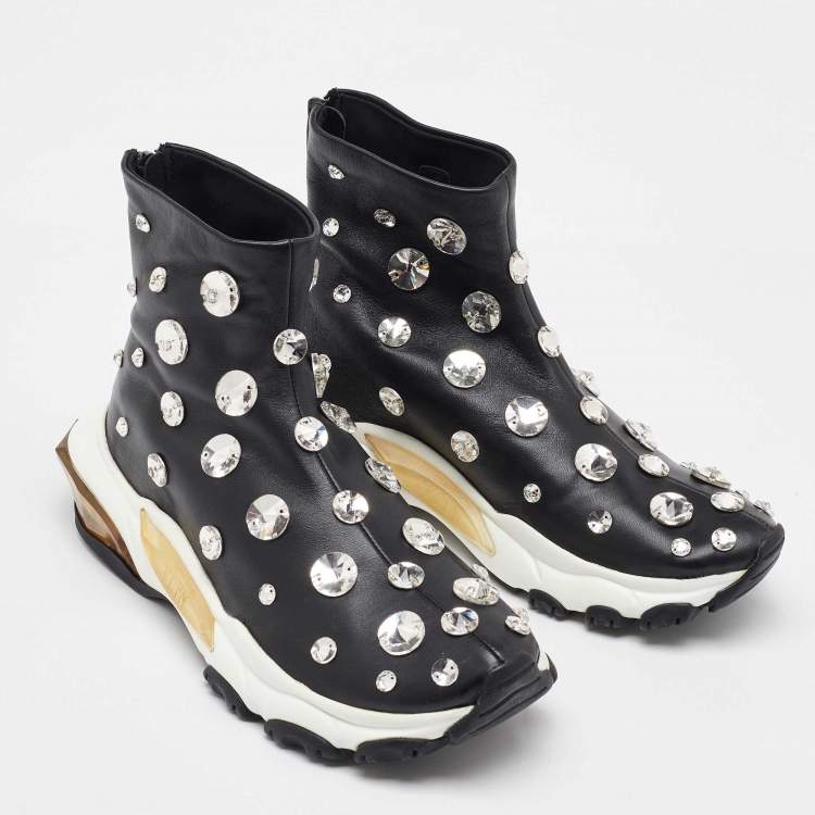 Pre Owned Valentino Black Leather Crystal Embellished High Top Sneakers Size 38.5