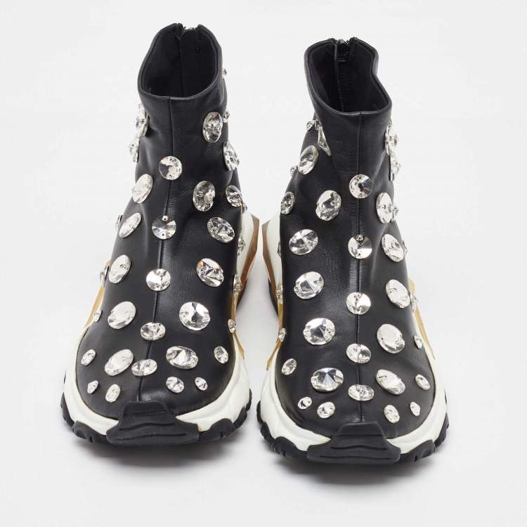 Pre Owned Valentino Black Leather Crystal Embellished High Top Sneakers Size 38.5