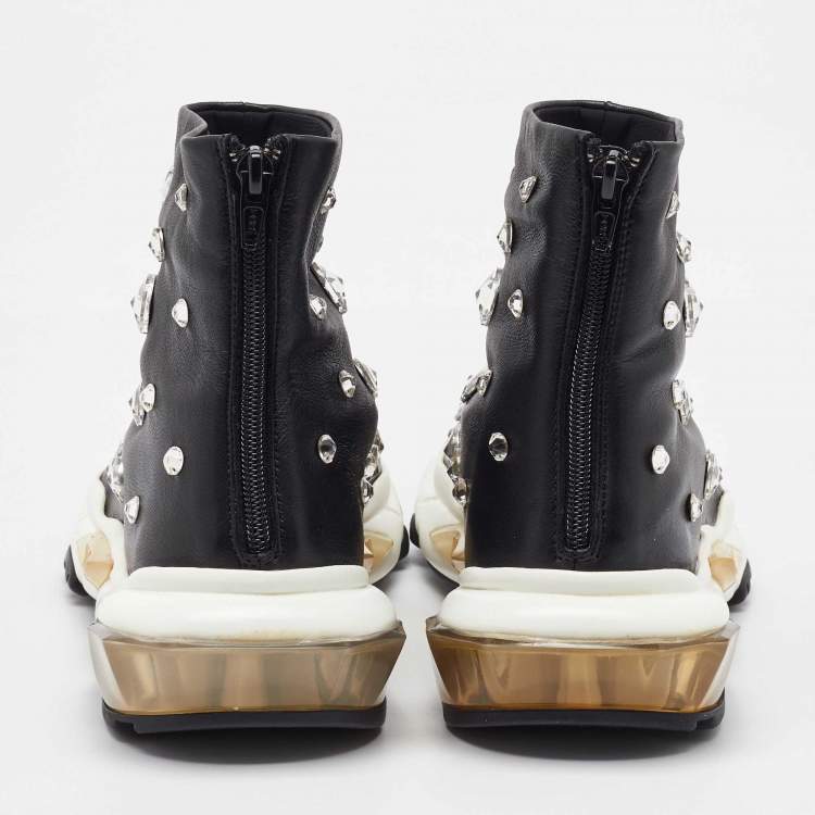 Pre Owned Valentino Black Leather Crystal Embellished High Top Sneakers Size 38.5