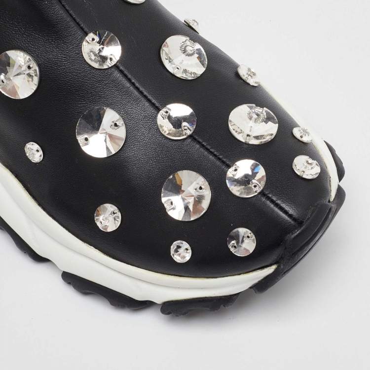 Pre Owned Valentino Black Leather Crystal Embellished High Top Sneakers Size 38.5