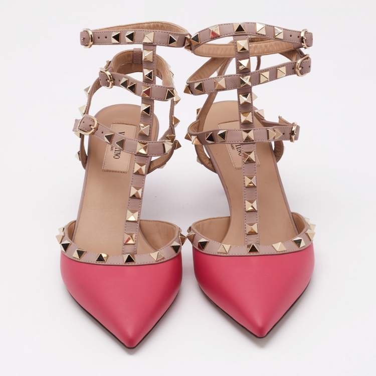 Pre Owned Valentino Beige/Pink Leather Rockstud Ankle Strap Pumps Size 39