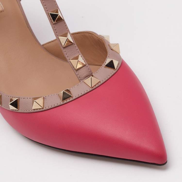 Pre Owned Valentino Beige/Pink Leather Rockstud Ankle Strap Pumps Size 39