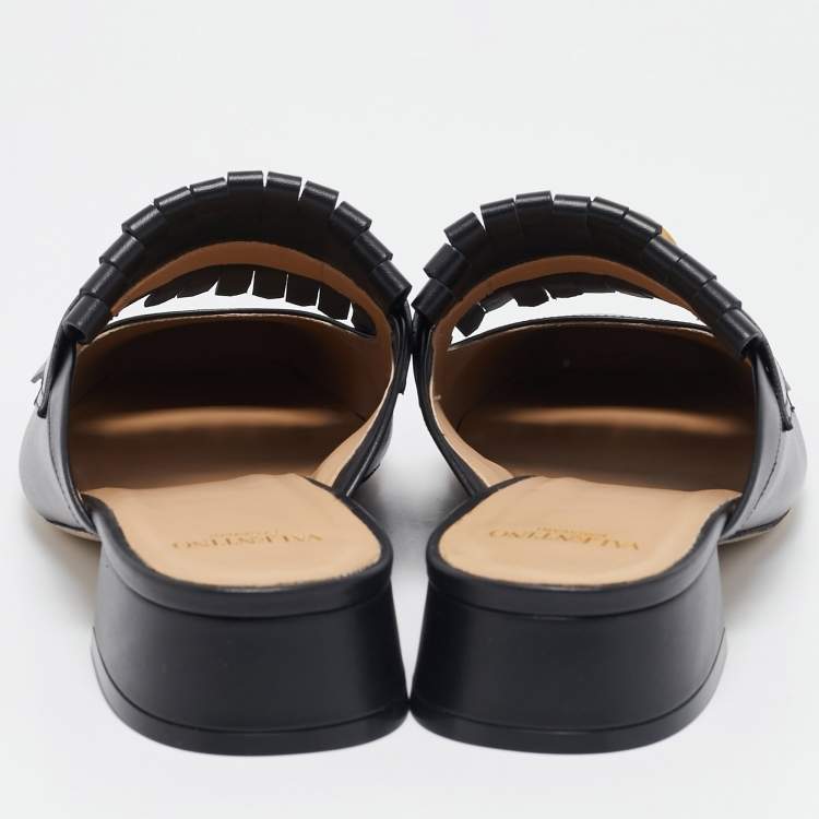 مملوكة مسبقًا Valentino Black Leather VLogo Fringe Mules Size 41
