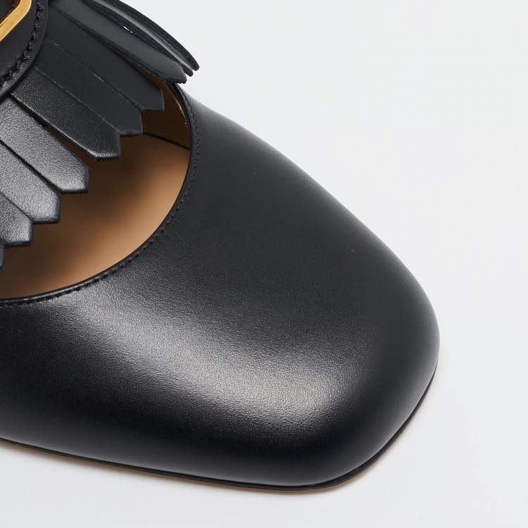 مملوكة مسبقًا Valentino Black Leather VLogo Fringe Mules Size 41