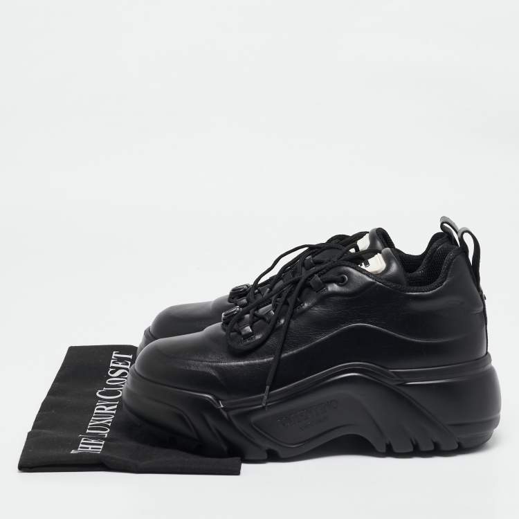 Pre Owned Valentino Black Leather Lace Up Chunky Sneakers Size 39