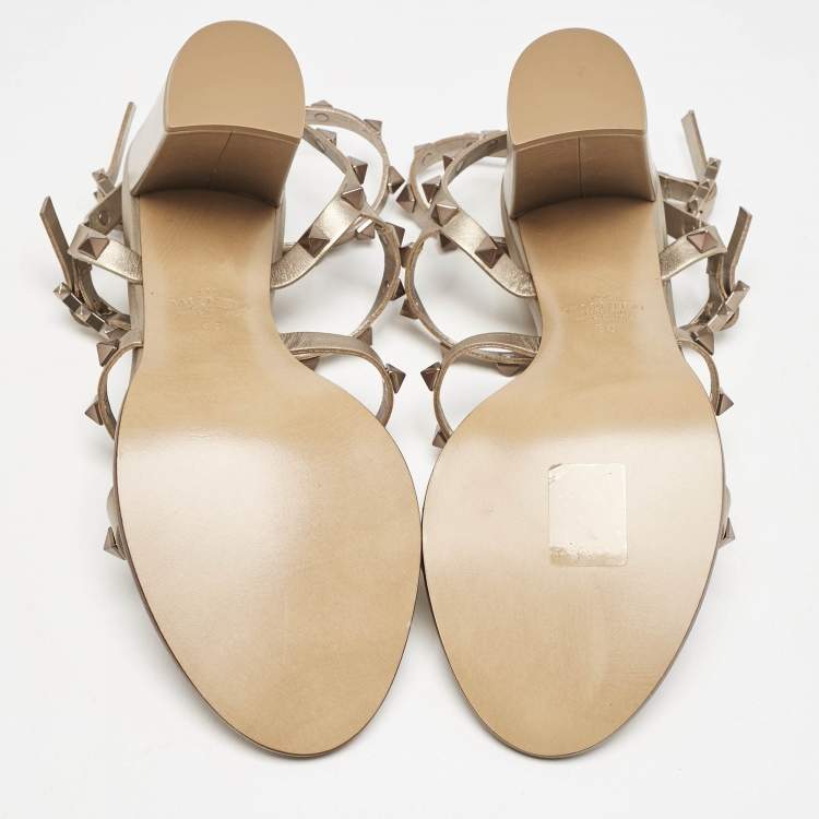 Pre Owned Valentino Metallic Beige Leather Rockstud Ankle Strap Sandals Size 38
