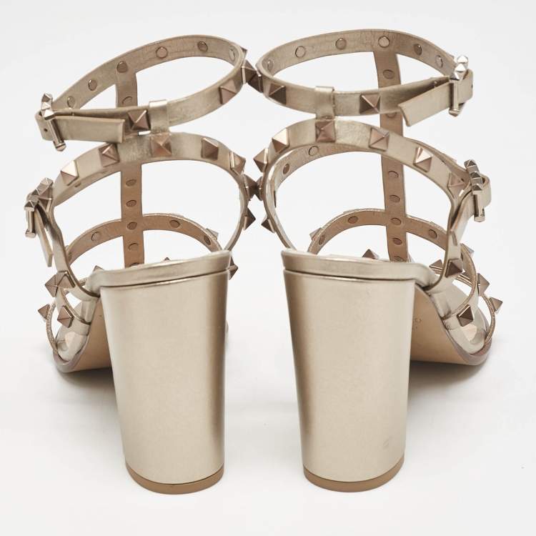 Pre Owned Valentino Metallic Beige Leather Rockstud Ankle Strap Sandals Size 38