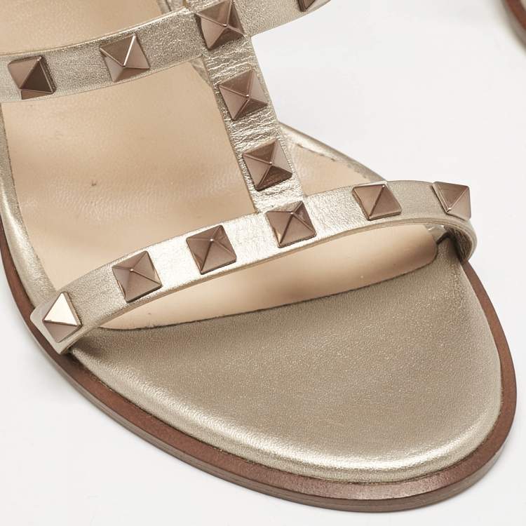Pre Owned Valentino Metallic Beige Leather Rockstud Ankle Strap Sandals Size 38