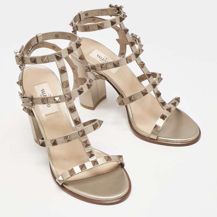 Pre Owned Valentino Metallic Beige Leather Rockstud Ankle Strap Sandals Size 38
