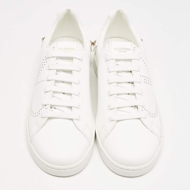 مملوكة مسبقًا Valentino White Leather Bianco Backnet Low Top Sneakers Size 39.5