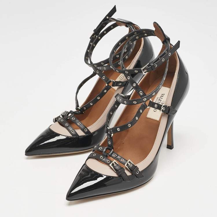 Pre Owned Valentino Black/Pink Patent and Leather Grommet Studded Love Latch Pumps Size 37