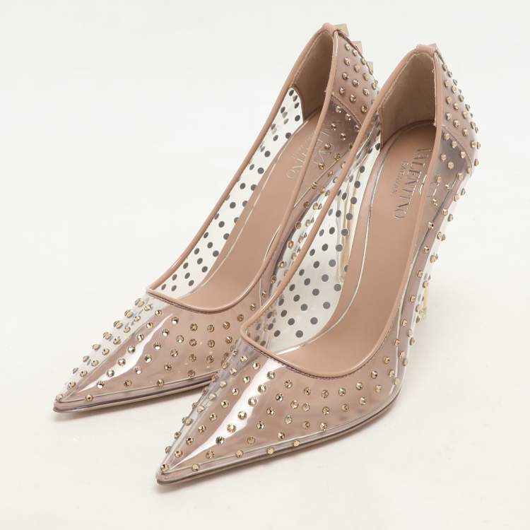 Pre Owned Valentino Transparent/Beige Patent Leather and PVC Crystal Embellished Rockstud Pumps Size 36.5
