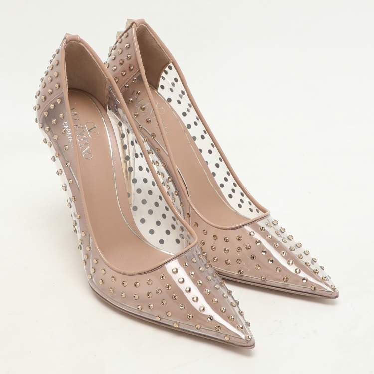 Pre Owned Valentino Transparent/Beige Patent Leather and PVC Crystal Embellished Rockstud Pumps Size 36.5