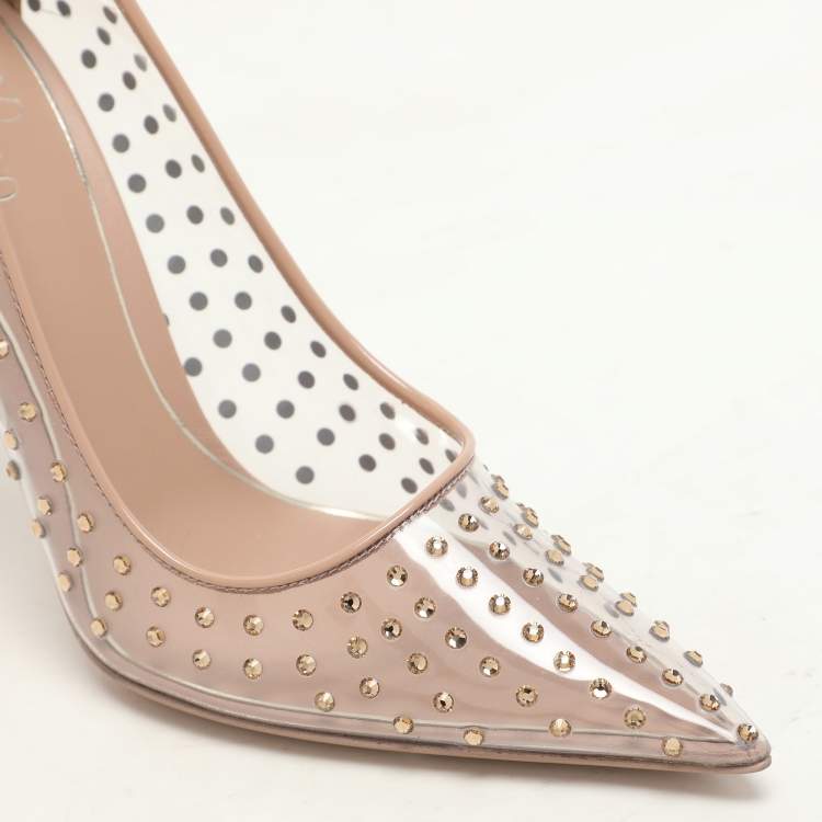 Pre Owned Valentino Transparent/Beige Patent Leather and PVC Crystal Embellished Rockstud Pumps Size 36.5