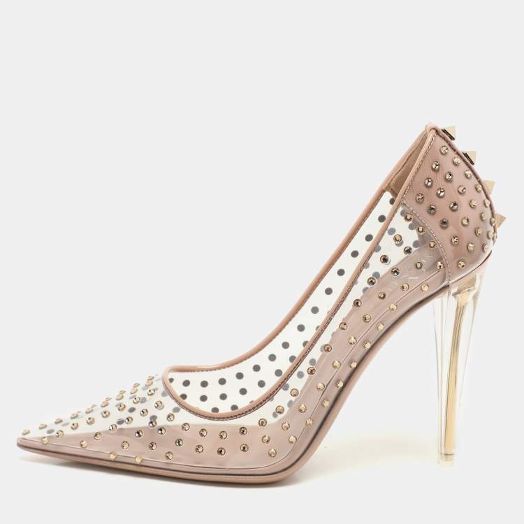 Pre Owned Valentino Transparent/Beige Patent Leather and PVC Crystal Embellished Rockstud Pumps Size 36.5
