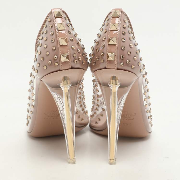 Pre Owned Valentino Transparent/Beige Patent Leather and PVC Crystal Embellished Rockstud Pumps Size 36.5