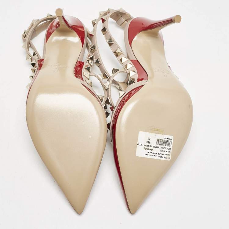 Pre Owned Valentino Red/Beige Patent Leather Rockstud Caged Ankle Strap Pumps Size 37