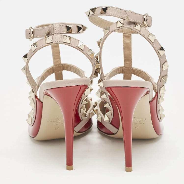 Pre Owned Valentino Red/Beige Patent Leather Rockstud Caged Ankle Strap Pumps Size 37
