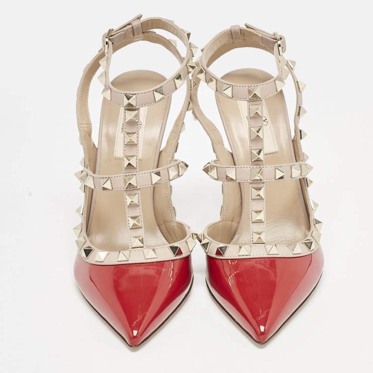 Pre Owned Valentino Red/Beige Patent Leather Rockstud Caged Ankle Strap Pumps Size 37