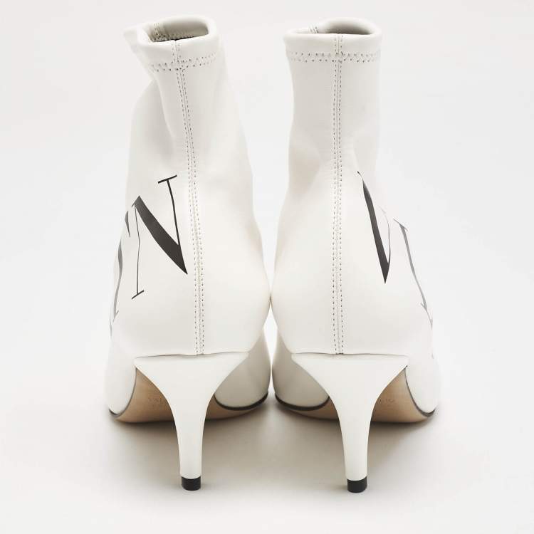 Pre Owned Valentino White Leather VLTN Sock Ankle Length Boots Size 37