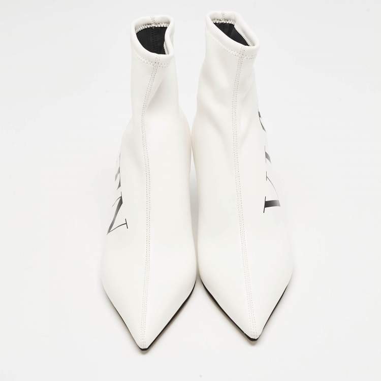 Pre Owned Valentino White Leather VLTN Sock Ankle Length Boots Size 37