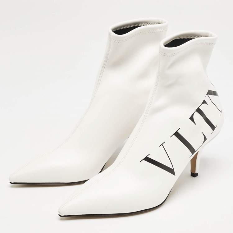 Pre Owned Valentino White Leather VLTN Sock Ankle Length Boots Size 37