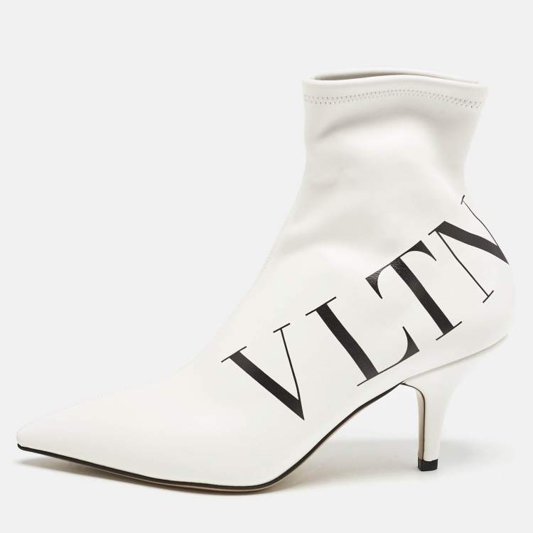 Pre Owned Valentino White Leather VLTN Sock Ankle Length Boots Size 37