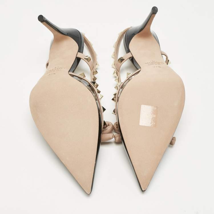Pre Owned Valentino Black/Beige Patent Leather Rockstud Bow Slingback Pumps Size 37.5