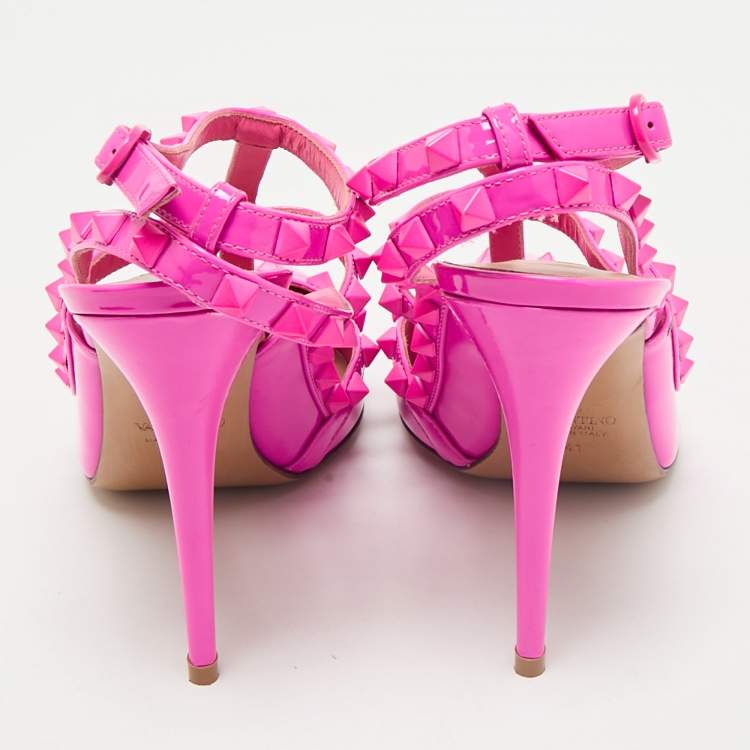 Pre Owned Valentino Fuchsia Pink Patent Leather Rockstud Caged Ankle Strap Pumps Size 41