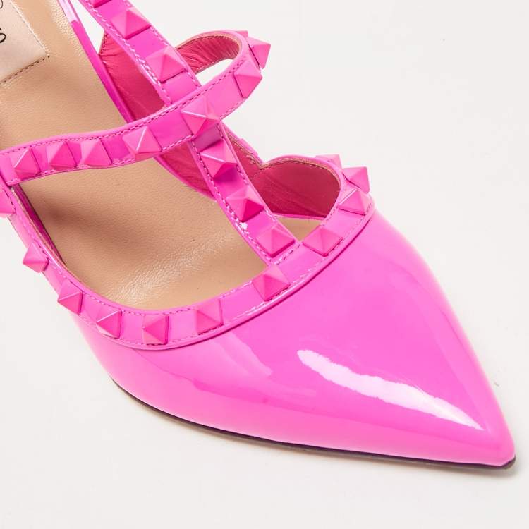 Pre Owned Valentino Fuchsia Pink Patent Leather Rockstud Caged Ankle Strap Pumps Size 41