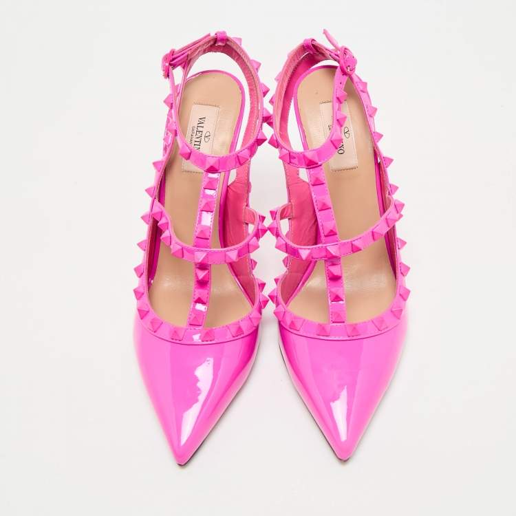 Pre Owned Valentino Fuchsia Pink Patent Leather Rockstud Caged Ankle Strap Pumps Size 41