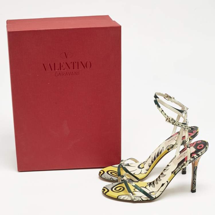 Pre Owned Valentino Multicolor Printed Leather Ankle Strap Sandals Size 37.5 