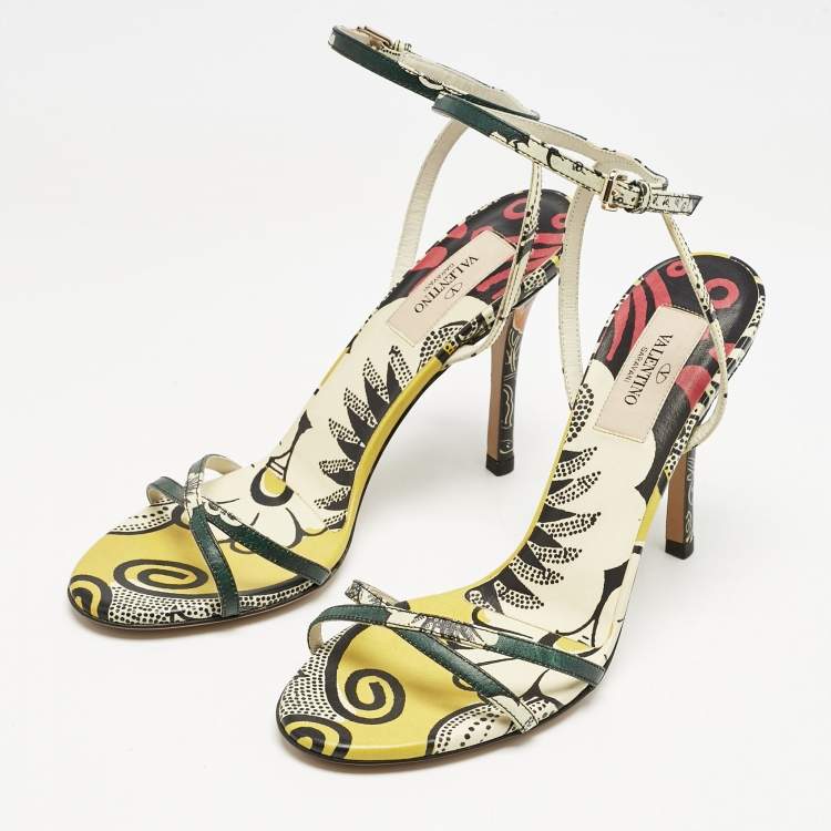 Pre Owned Valentino Multicolor Printed Leather Ankle Strap Sandals Size 37.5 