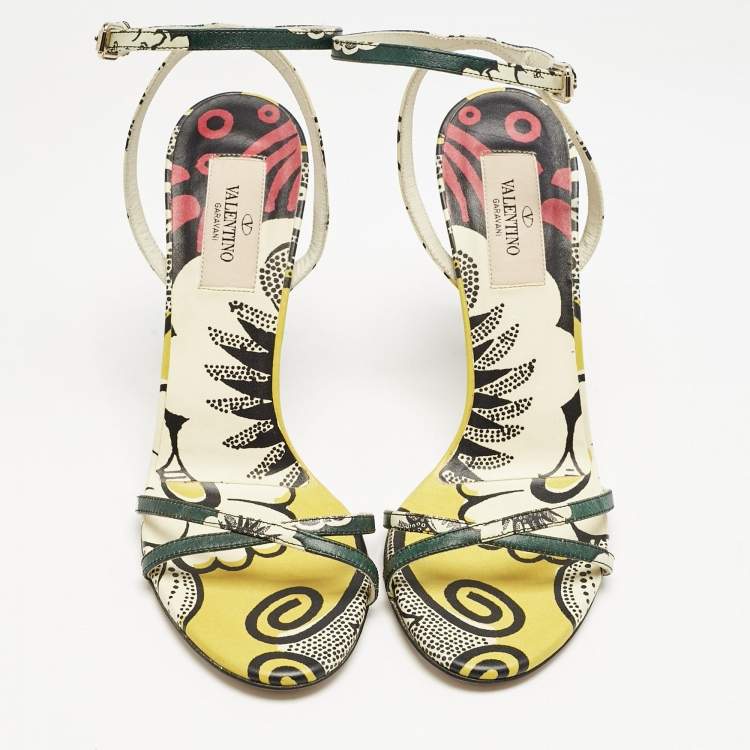 Pre Owned Valentino Multicolor Printed Leather Ankle Strap Sandals Size 37.5 