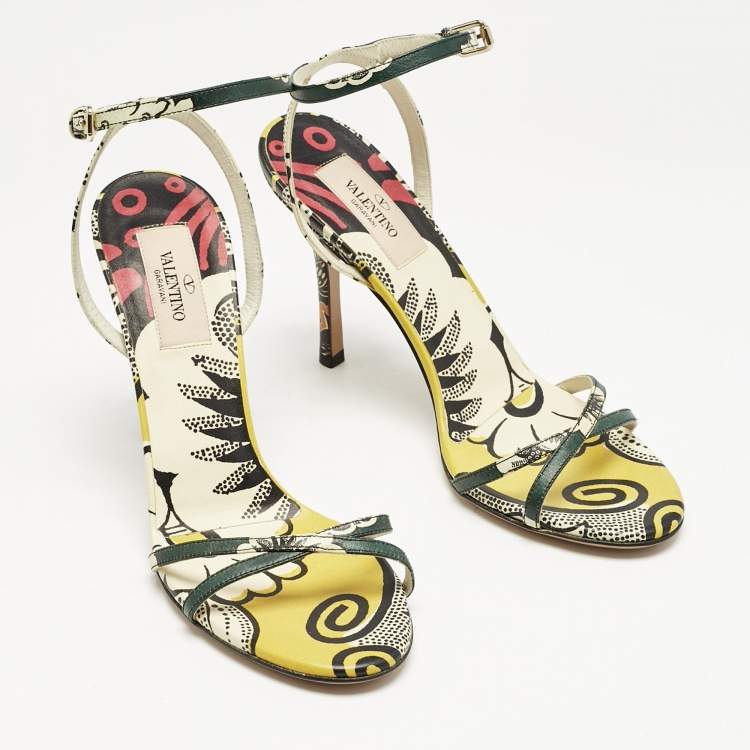Pre Owned Valentino Multicolor Printed Leather Ankle Strap Sandals Size 37.5 
