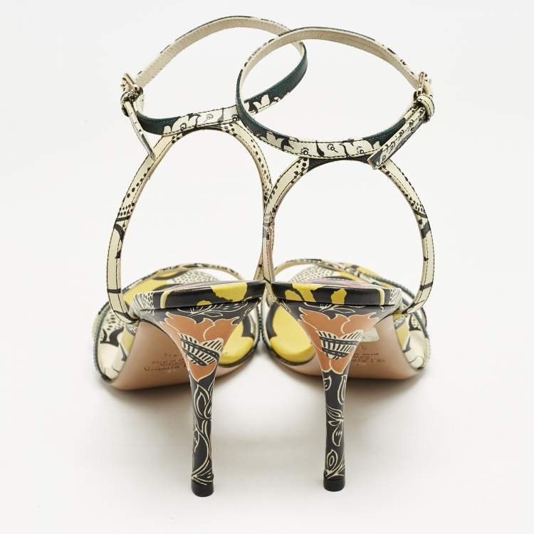 Pre Owned Valentino Multicolor Printed Leather Ankle Strap Sandals Size 37.5 