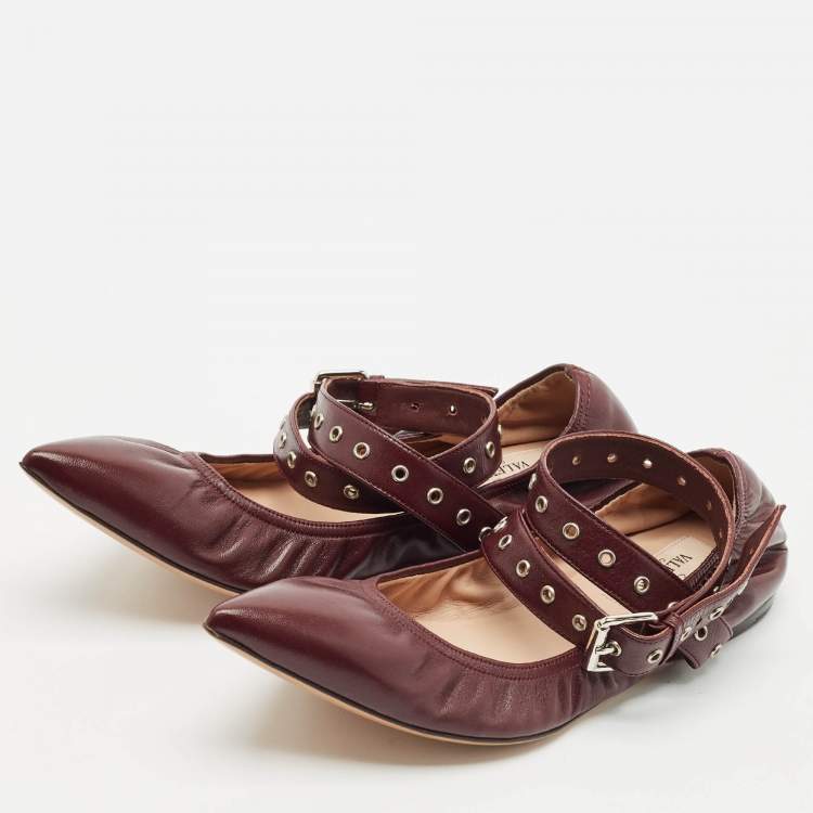 Pre Owned Valentino Burgundy Leather Rockstud Ballet Flats Size 37