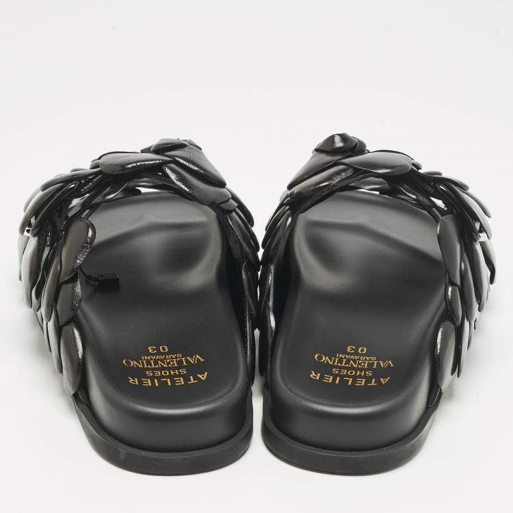 Pre Owned Valentino Black Leather Atelier 03 Rose Edition Flat Slides Size 37