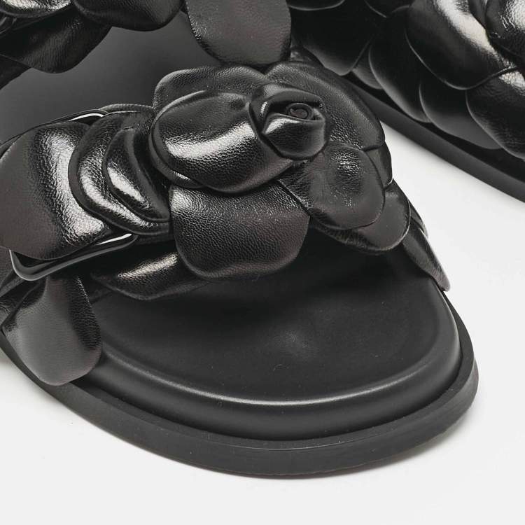 Pre Owned Valentino Black Leather Atelier 03 Rose Edition Flat Slides Size 37