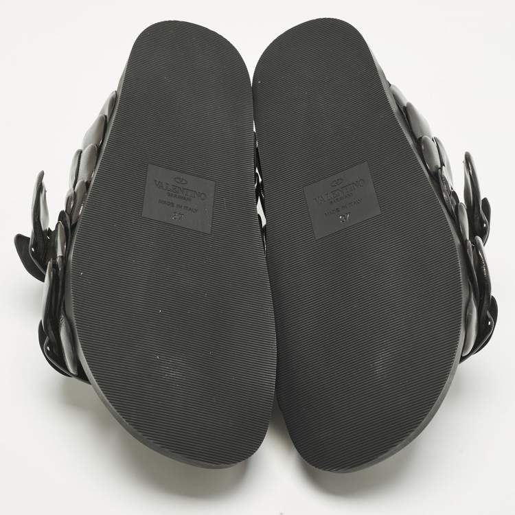 Pre Owned Valentino Black Leather Atelier 03 Rose Edition Flat Slides Size 37