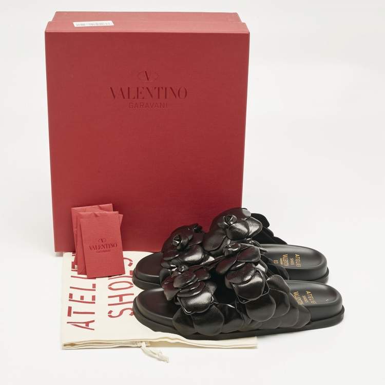 Pre Owned Valentino Black Leather Atelier 03 Rose Edition Flat Slides Size 37