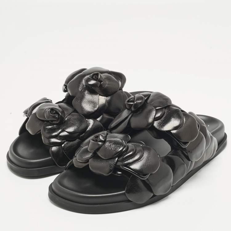Pre Owned Valentino Black Leather Atelier 03 Rose Edition Flat Slides Size 37