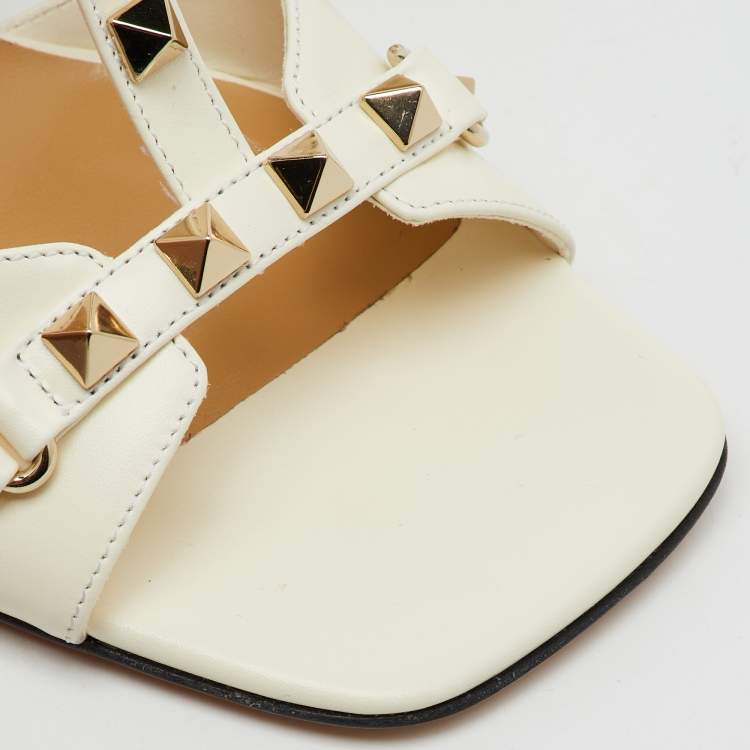 Pre Owned Valentino Ivory Leather Rockstud Ankle Strap Sandals Size 38