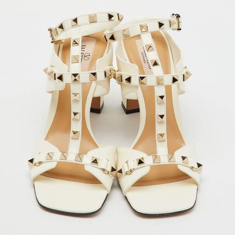 Pre Owned Valentino Ivory Leather Rockstud Ankle Strap Sandals Size 38