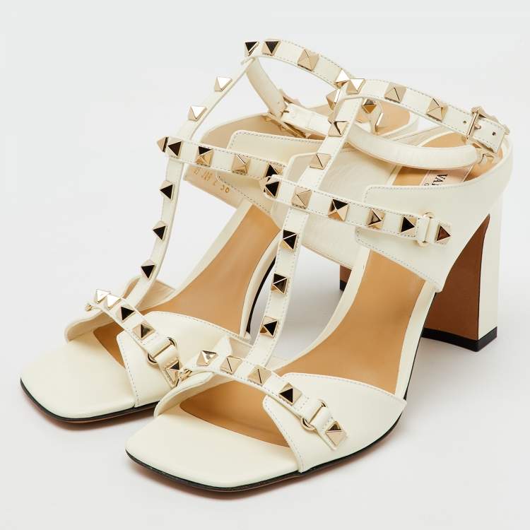 Pre Owned Valentino Ivory Leather Rockstud Ankle Strap Sandals Size 38